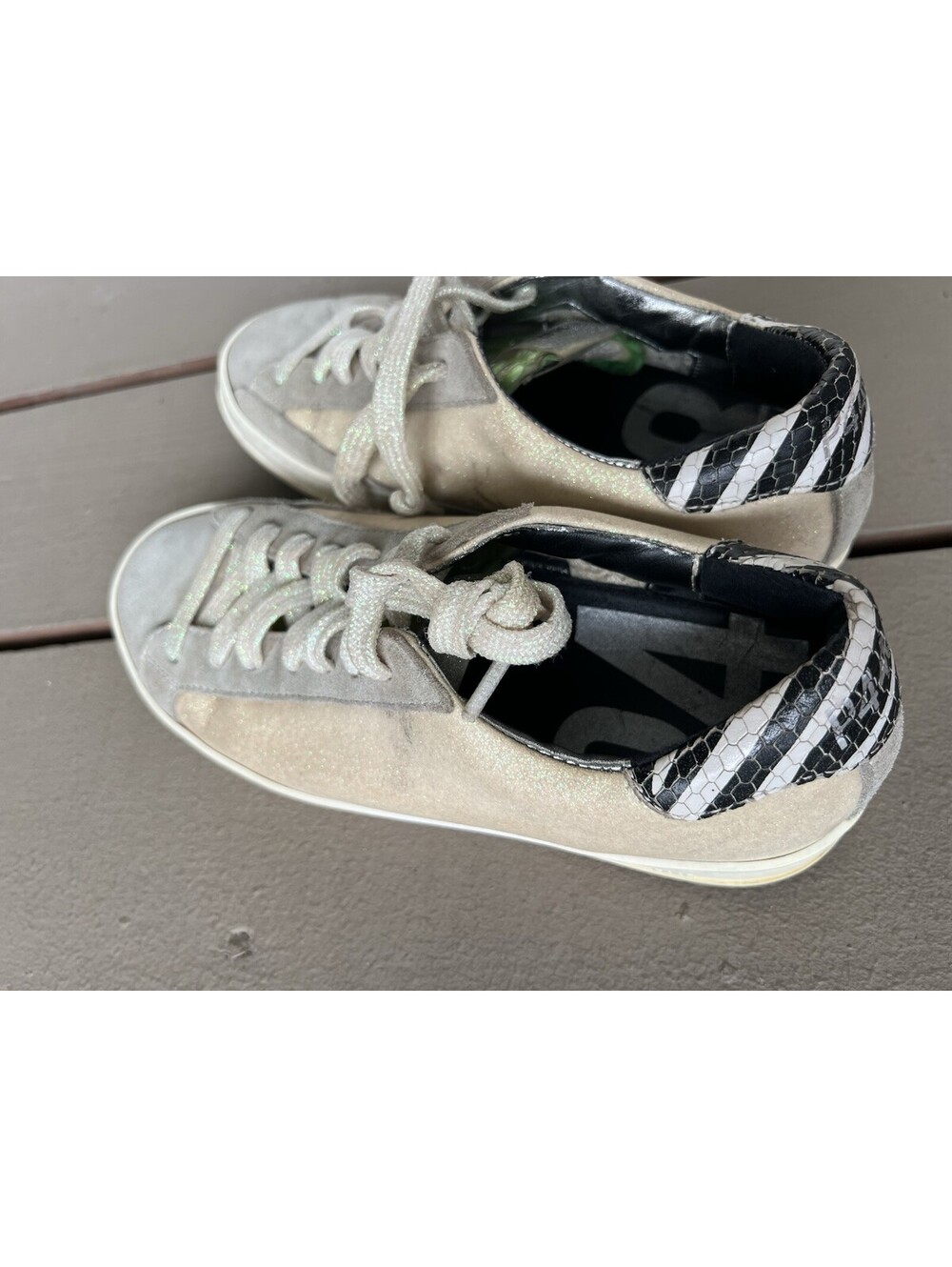P448 Women's Sneakers John Glitter Low S21 White Gray Leather Shoes Sz 38